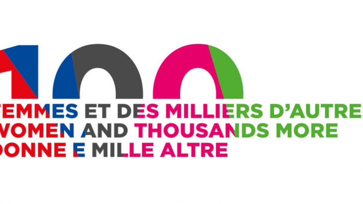 chiffre 100 en 5 couleurs et écriture 100 femmes et des millers d'autres en trois langues 