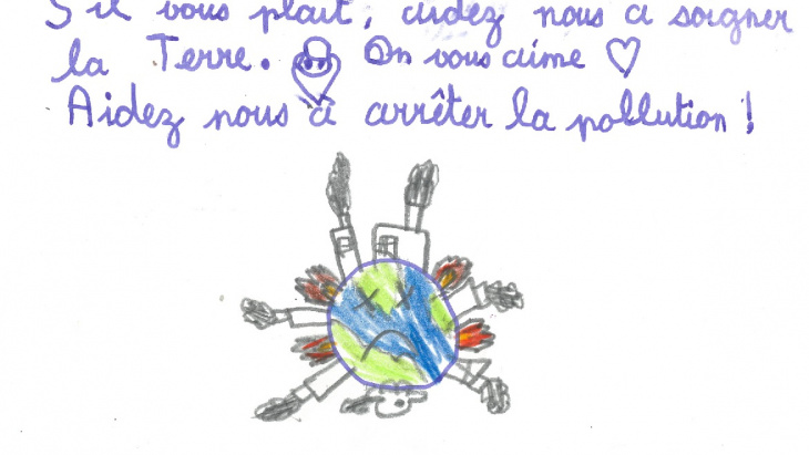 dessin d'enfant "Aidez-nous à arrêter la pollution"!