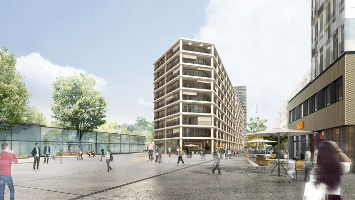 Place de la gare avec bâtiments de logements © EMA archictectes-Image Camille François