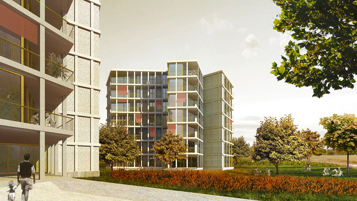 Projet lauréat du concours Ferme (vue depuis la route de Vessy) 