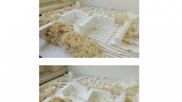 Maquette du projet Michée Chaudron - parti d’aménagement retenu: deux barres pliées