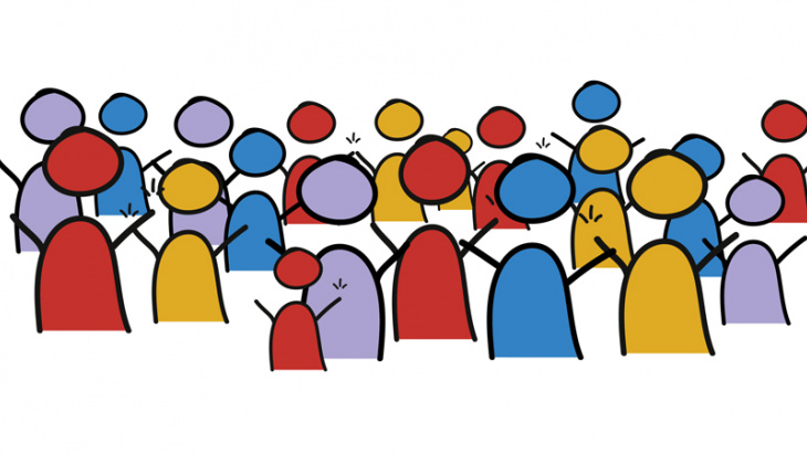 Image en style dessiné représentant un groupe de personnes qui lèvent les bras