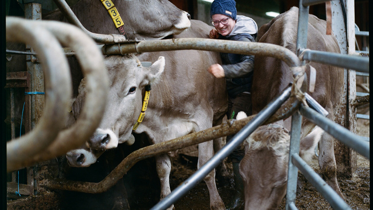 Une agricultrice avec ses vaches