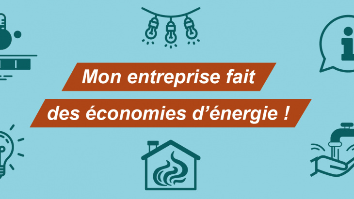 Pictogrammes de thermomètre, d'ampoules, de robinet et de chauffage entourant le titre "mon entreprise fait des économies d'énergie".