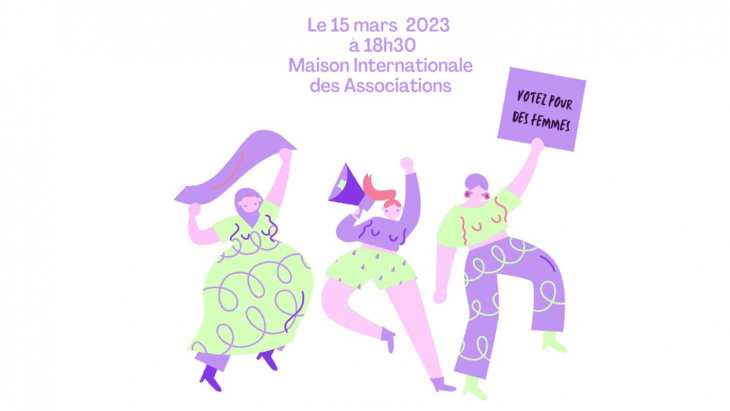 silhouettes femmes en violet et vert pistache avec banderole votez femmes