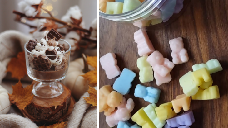 A gauche, une bougie qui ressemble à une coupe de crème glacée au chocolat. A droite, des savons colorés en forme de nounours