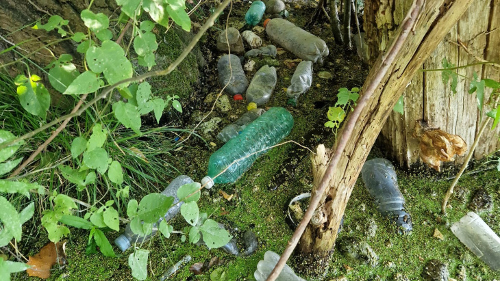 Déchets accumulés, rives du Rhône