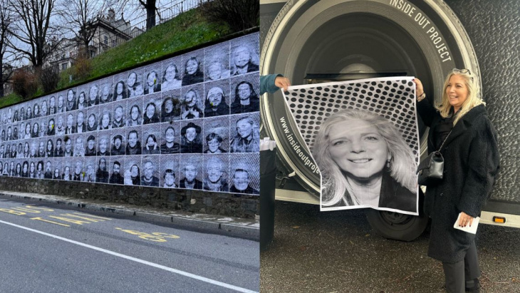 Madame la conseillère d'Etat Nathalie Fontanet participant à l'action "Inside Out Art project by JR", Rampe de la Treille, le 13 décembre 2023. © Switzerland for UNHCR (gauche) - © Etat de Genève (droite)