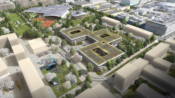 Vue des futurs équipements publics des Cherpines - école secondaire II et centre sportif et culturel (© PIXALAB)