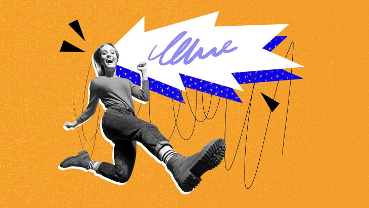 Jeune femme dynamique sautant en l'air, sur un fond orange