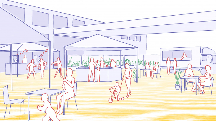 Dessin d'une fête sur une place publique