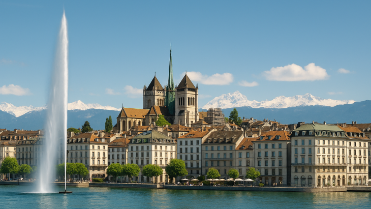 Image d'illustration montrant le lac, le jet d'eau, la cathédrale et les montagnes enneigées en arrière plan. Image générée par l'IA. 