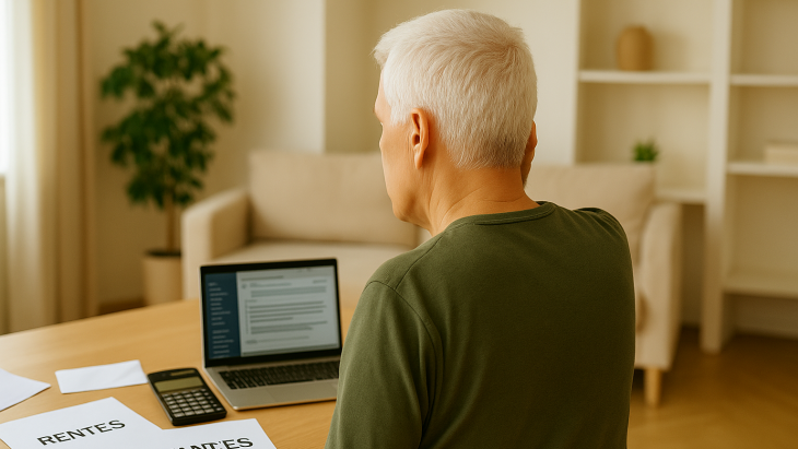Image d'illustration montrant un homme aux cheveux blancs devant un ordinateur et une calculatrice. Image générée par l'IA. 
