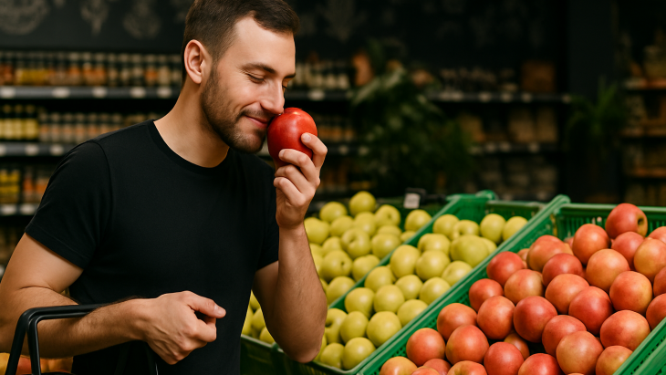 Client de supermarché au rayon fruits et légumes