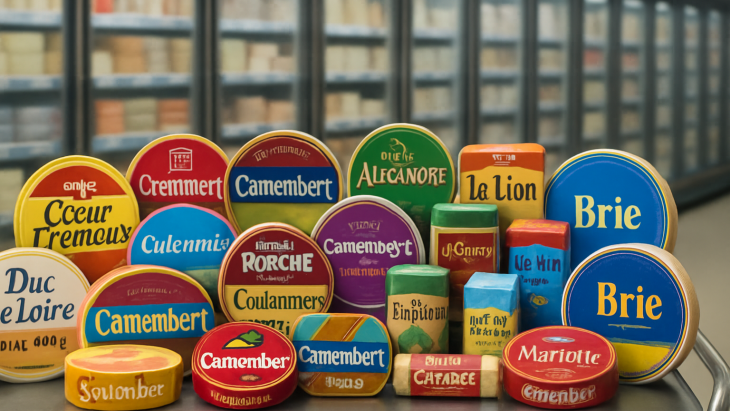 Présentation de plusieurs fromages fictifs