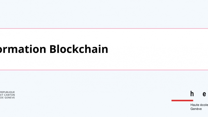 Visuel de promotion de la formation blockchain accompagnée du logo de l'Etat de Genève et de celui de la HEG