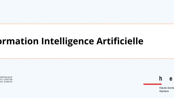 Visuel de promotion de la formation en intelligence artificielle accompagnée du logo de l'Etat de Genève et de celui de la HEG