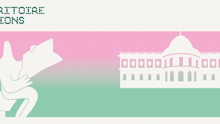 Dessin d'un personnage lisant le journal devant le Musée de l'Ariana