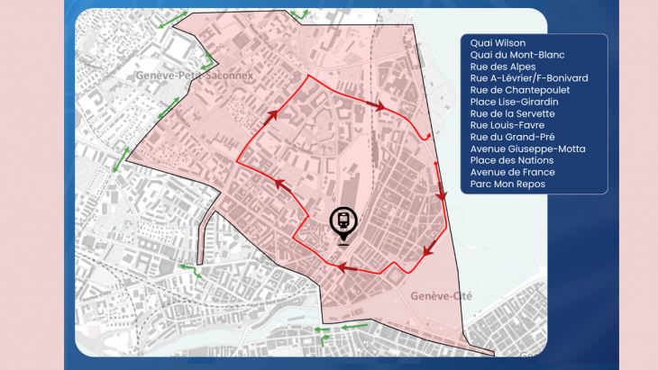 Carte : parcours de la manifestation, zone de perturbation et axes de déviation