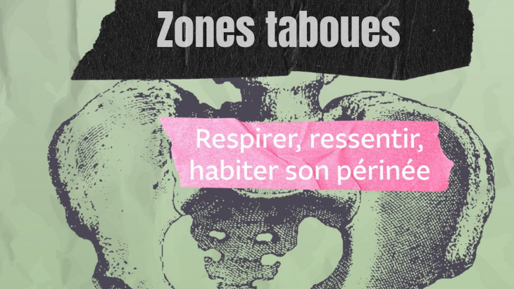 Affiche montrant dessin des os du bassin mentionnant "Zones taboues : Respirer, ressentir, habiter son périnée"