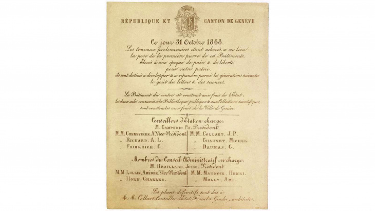 Document sur la pose de la première pierre - Université Bastions, © Bibliothèque de Genève