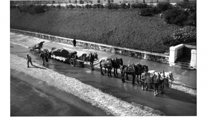 Transport de la Pierre-aux-Dames au Musée d’art et d’histoire par le boulevard Emile-Jaques-Dalcroze. © J. Zimmer, 1942, BGE.