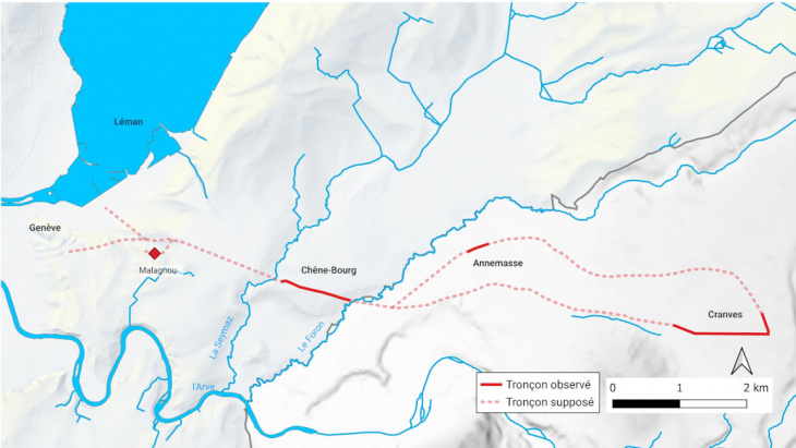Fig. 3 : Tracé de l'aqueduc, de Cranves à Genève. © SAGe