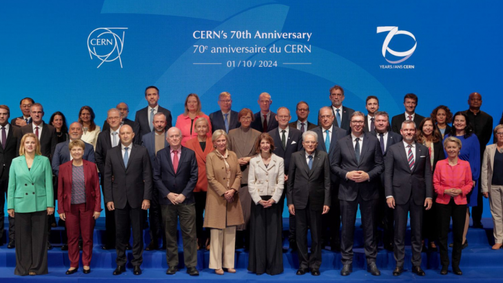 Cérémonie de haut rang organisée pour célébrer le 70e anniversaire du CERN, le Laboratoire européen pour la physique des particules, le 1er octobre 2024