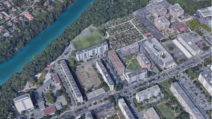 Vue aérienne sur le secteur Moraines du Rhône
