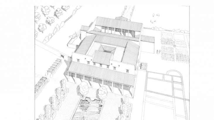 Reconstitution de la villa romaine du parc la Grange à la fin du Ier siècle ap- J.C. © dessin : Gérard Deuber, SAGe.